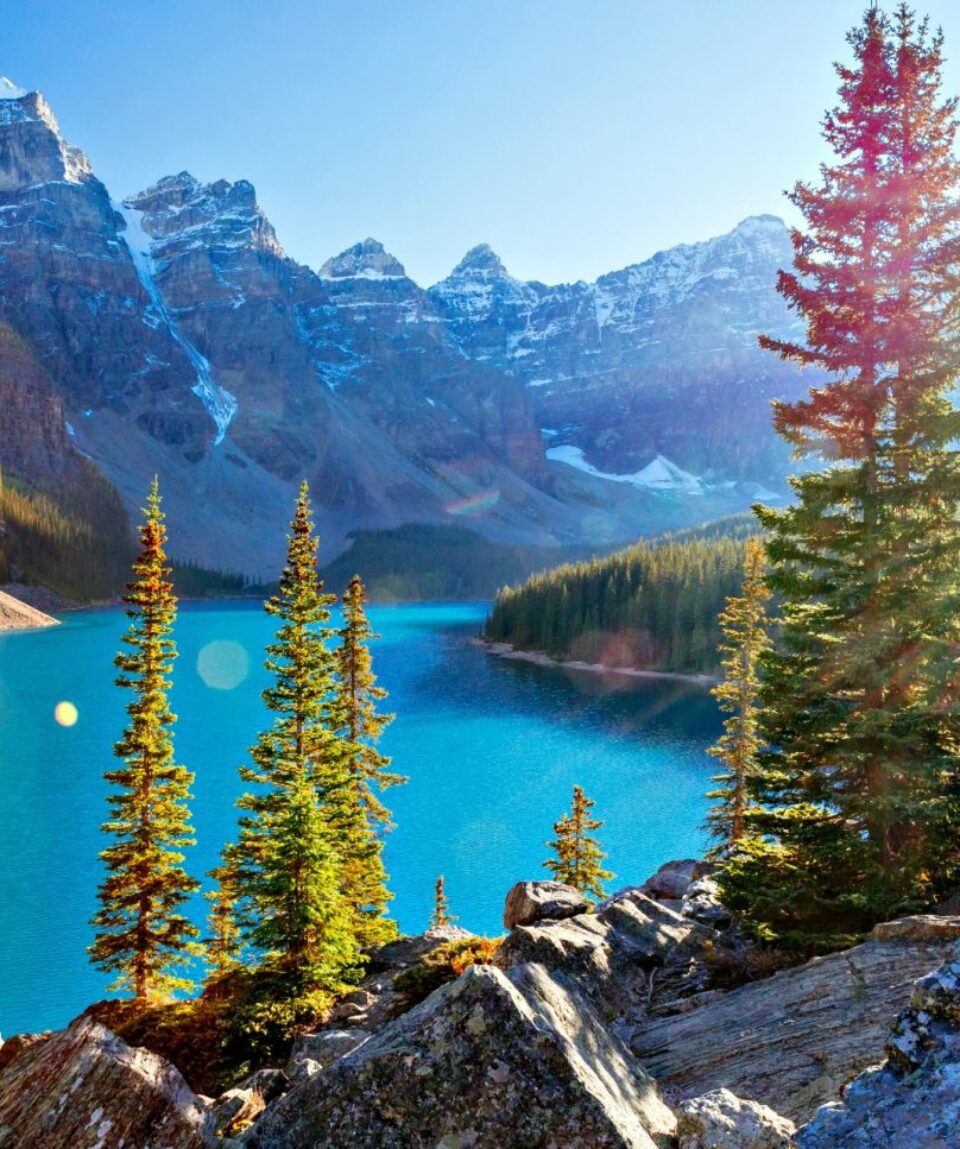 Moraine Lake is a glacially-fed lake in Banff National Park 14 km outside of Lake Louise. It is situated in the Valley of the Ten Peaks