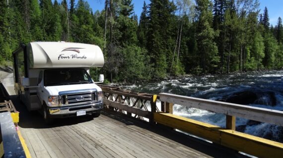 Motorhome on bridge in Canadian Rockies