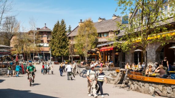 Tourists and visitors in Whistler, a very popular destination for skiing in the winter and mountain biking during summer