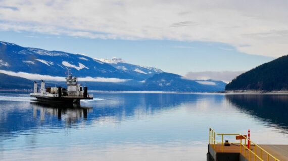 Upper Arrow Lakes ferry between Shelter Bay and Galena Bay. In the background the Selkirk and Monashee Mountains