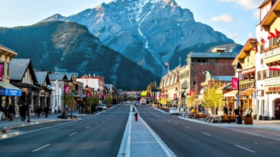 View of Main Street of Banff townsite in Banff National Park